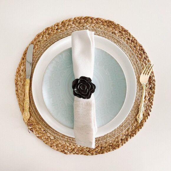 Elegant Rose Napkin Rings – Black Satin- Handmade - Wedding Party Event Planner - Picture 1 of 13